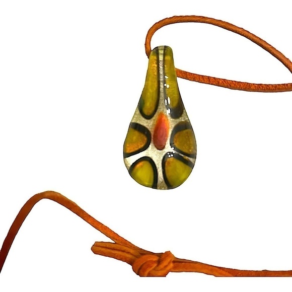 Vintage Art Glass Light Green Olive/red Pendant Dichroic Swirl Teardrop Shape - Picture 2 of 5